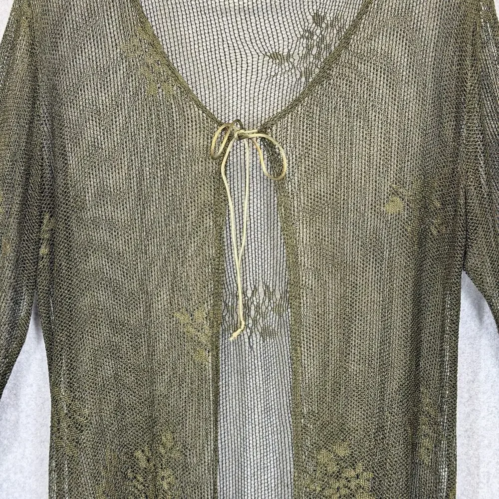 Boho Olive Green Open Knit Fringe Kimono Cardigan Cover Up Duster Crochet Top - Picture 3 of 9